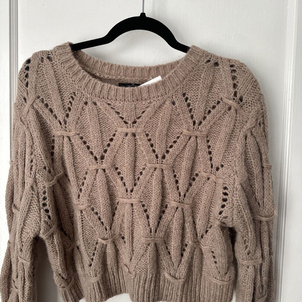 New Taupe Cropped Sweater Open Knit Women's XL - Picture 2 of 10